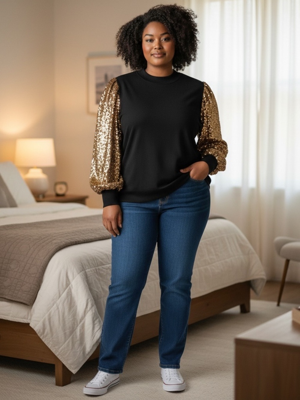 Flying Tomato Black Sweatshirt with Gold Sequin Puff Sleeves